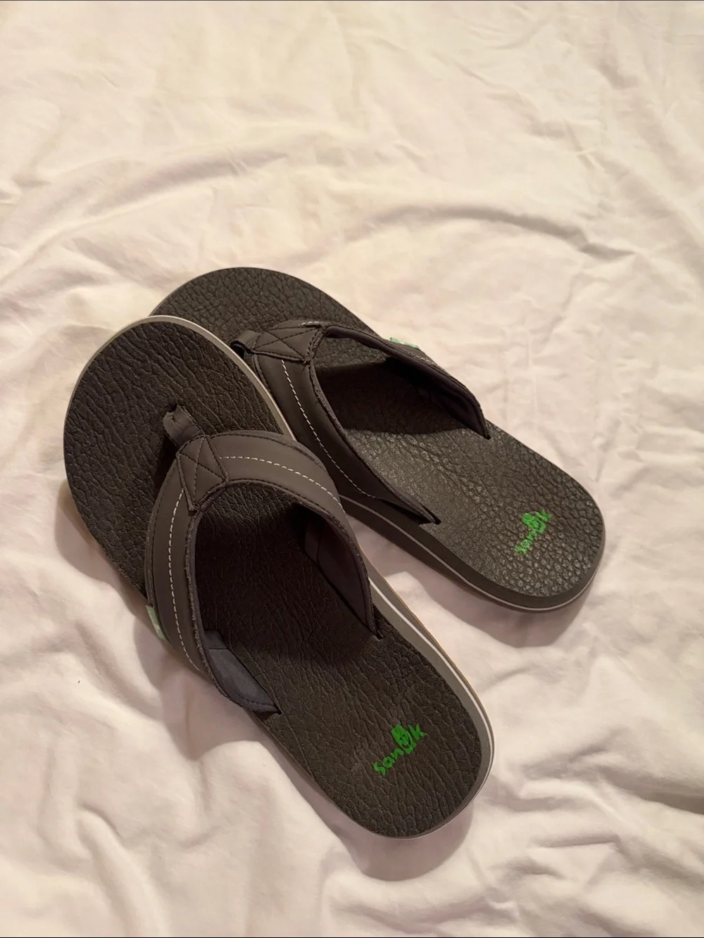 Sanuk Dark Gray Flip Flop Sandals with Green Logo Accent